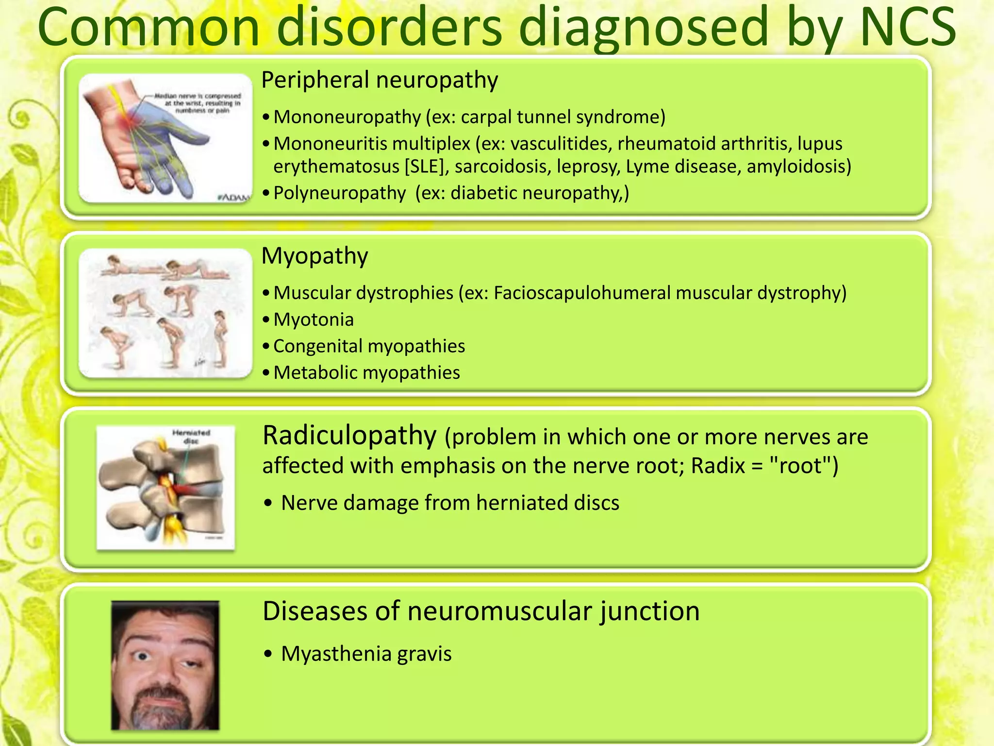 Common disorders diagnosed by NCS
        Peripheral neuropathy
        • Mononeuropathy (ex: carpal tunnel syndrome)
        • Mononeuritis multiplex (ex: vasculitides, rheumatoid arthritis, lupus
          erythematosus [SLE], sarcoidosis, leprosy, Lyme disease, amyloidosis)
        • Polyneuropathy (ex: diabetic neuropathy,)


        Myopathy
        • Muscular dystrophies (ex: Facioscapulohumeral muscular dystrophy)
        • Myotonia
        • Congenital myopathies
        • Metabolic myopathies


        Radiculopathy (problem in which one or more nerves are
        affected with emphasis on the nerve root; Radix = "root")
        • Nerve damage from herniated discs



        Diseases of neuromuscular junction
        • Myasthenia gravis
 
