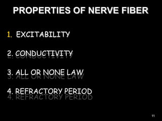 PROPERTIES OF NERVE FIBER
1. EXCITABILITY
2. CONDUCTIVITY
3. ALL OR NONE LAW
4. REFRACTORY PERIOD
11
 