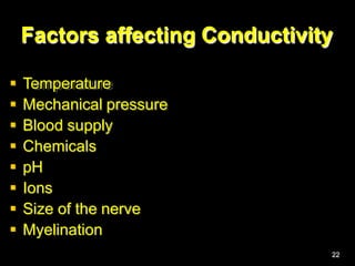 Factors affecting Conductivity
 Temperature
 Mechanical pressure
 Blood supply
 Chemicals
 pH
 Ions
 Size of the nerve
 Myelination
22
 