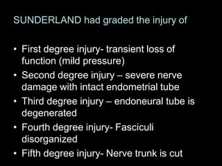 SUNDERLAND had graded the injury of
• First degree injury- transient loss of
function (mild pressure)
• Second degree injury – severe nerve
damage with intact endometrial tube
• Third degree injury – endoneural tube is
degenerated
• Fourth degree injury- Fasciculi
disorganized
• Fifth degree injury- Nerve trunk is cut
 
