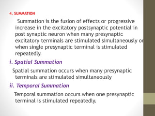 4. SUMMATION
Summation is the fusion of effects or progressive
increase in the excitatory postsynaptic potential in
post synaptic neuron when many presynaptic
excitatory terminals are stimulated simultaneously or
when single presynaptic terminal is stimulated
repeatedly.
i. Spatial Summation
Spatial summation occurs when many presynaptic
terminals are stimulated simultaneously
ii. Temporal Summation
Temporal summation occurs when one presynaptic
terminal is stimulated repeatedly.
 