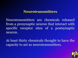 Neurotransmitters
Neurotransmitters are chemicals released
from a presynaptic neuron that interact with
specific receptor sites of a postsynaptic
neuron.
At least thirty chemicals thought to have the
capacity to act as neurotransmitters.
 