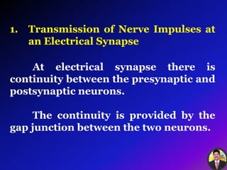 1. Transmission of Nerve Impulses at
an Electrical Synapse
At electrical synapse there is
continuity between the presynaptic and
postsynaptic neurons.
The continuity is provided by the
gap junction between the two neurons.
 