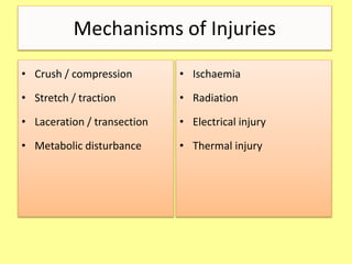 Mechanisms of Injuries
• Crush / compression
• Stretch / traction
• Laceration / transection
• Metabolic disturbance
• Ischaemia
• Radiation
• Electrical injury
• Thermal injury
 