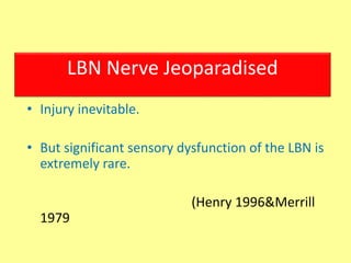 • Injury inevitable.
• But significant sensory dysfunction of the LBN is
extremely rare.
(Henry 1996&Merrill
1979
LBN Nerve Jeoparadised
 