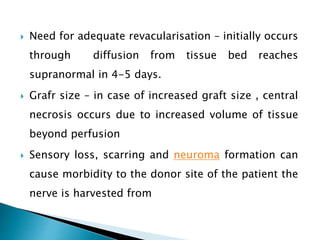  Need for adequate revacularisation – initially occurs
through diffusion from tissue bed reaches
supranormal in 4-5 days.
 Grafr size – in case of increased graft size , central
necrosis occurs due to increased volume of tissue
beyond perfusion
 Sensory loss, scarring and neuroma formation can
cause morbidity to the donor site of the patient the
nerve is harvested from
 