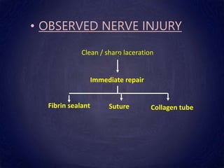 • OBSERVED NERVE INJURY
Clean / sharp laceration
Immediate repair
Fibrin sealant Suture Collagen tube
 