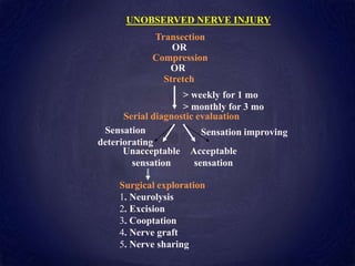 Sensation improving
Sensation
deteriorating
> weekly for 1 mo
> monthly for 3 mo
Unacceptable
sensation
Acceptable
sensation
UNOBSERVED NERVE INJURY
Compression
Serial diagnostic evaluation
Surgical exploration
1. Neurolysis
2. Excision
3. Cooptation
4. Nerve graft
5. Nerve sharing
Stretch
Transection
OR
OR
 