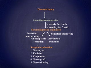 Sensation improving
Sensation
deteriorating
> weekly for 1 mth
> monthly for 3 mth
Unacceptable
sensation
Acceptable
sensation
Serial diagnostic evaluation
Surgical exploration
1. Neurolysis
2. Excision
3. Cooptation
4. Nerve graft
5. Nerve sharing
Chemical injury
Immediate decompression
 