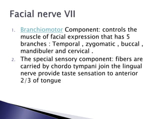 1. Branchiomotor Component: controls the
muscle of facial expression that has 5
branches : Temporal , zygomatic , buccal ,
mandibuler and cervical .
2. The special sensory component: fibers are
carried by chordo tympani join the lingual
nerve provide taste sensation to anterior
2/3 of tongue
 