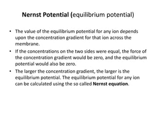 Nernst Potential (equilibrium potential)
• The value of the equilibrium potential for any ion depends
upon the concentration gradient for that ion across the
membrane.
• If the concentrations on the two sides were equal, the force of
the concentration gradient would be zero, and the equilibrium
potential would also be zero.
• The larger the concentration gradient, the larger is the
equilibrium potential. The equilibrium potential for any ion
can be calculated using the so called Nernst equation.
 