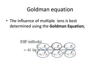 Goldman equation
• The influence of multiple ions is best
determined using the Goldman Equation,
 