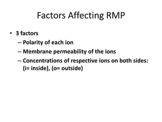 Factors Affecting RMP
• 3 factors
– Polarity of each ion
– Membrane permeability of the ions
– Concentrations of respective ions on both sides:
(i= inside), (o= outside)
 