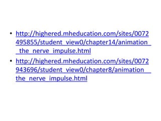 • http://highered.mheducation.com/sites/0072
495855/student_view0/chapter14/animation_
_the_nerve_impulse.html
• http://highered.mheducation.com/sites/0072
943696/student_view0/chapter8/animation__
the_nerve_impulse.html
 