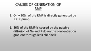 CAUSES OF GENERATION OF
RMP
1. Only 20% of the RMP is directly generated by
Na K pump
1. 80% of the RMP is caused by the passive
diffusion of Na and K down the concentration
gradient through leak channels
 