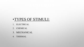 EXCITABILITY
•TYPES OF STIMULI:
1. ELECTRICAL
2. CHEMICAL
3. MECHANICAL
4. THERMAL
 