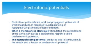  Electrotonic potentials are local, nonpropagated potentials of
small magnitude, in response to a depolarizing or
hyperpolarizing stimulus of lesser strength.
 When a membrane is electrically stimulated, the cathodal end
of the stimulator evokes a depolarizing response called
catelectrotonic potential.
 The hyperpolarizing potential produced due to stimulation at
the anodal end is known as anelectrotonic potential
Electrotonic potentials
 