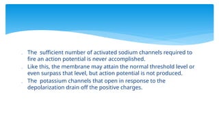  The sufficient number of activated sodium channels required to
fire an action potential is never accomplished.
 Like this, the membrane may attain the normal threshold level or
even surpass that level, but action potential is not produced.
 The potassium channels that open in response to the
depolarization drain off the positive charges.
 