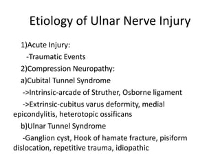 Etiology of Ulnar Nerve Injury
1)Acute Injury:
-Traumatic Events
2)Compression Neuropathy:
a)Cubital Tunnel Syndrome
->Intrinsic-arcade of Struther, Osborne ligament
->Extrinsic-cubitus varus deformity, medial
epicondylitis, heterotopic ossificans
b)Ulnar Tunnel Syndrome
-Ganglion cyst, Hook of hamate fracture, pisiform
dislocation, repetitive trauma, idiopathic
 