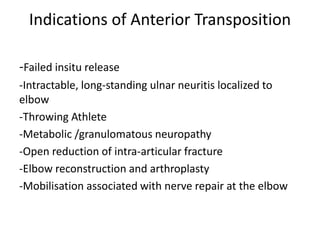 Indications of Anterior Transposition
-Failed insitu release
-Intractable, long-standing ulnar neuritis localized to
elbow
-Throwing Athlete
-Metabolic /granulomatous neuropathy
-Open reduction of intra-articular fracture
-Elbow reconstruction and arthroplasty
-Mobilisation associated with nerve repair at the elbow
 