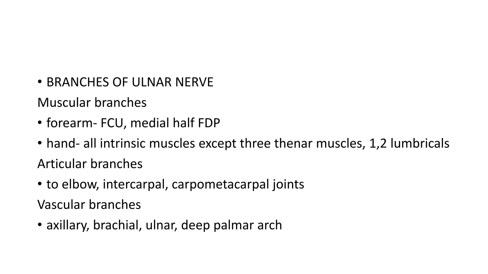• BRANCHES OF ULNAR NERVE
Muscular branches
• forearm- FCU, medial half FDP
• hand- all intrinsic muscles except three thenar muscles, 1,2 lumbricals
Articular branches
• to elbow, intercarpal, carpometacarpal joints
Vascular branches
• axillary, brachial, ulnar, deep palmar arch
 