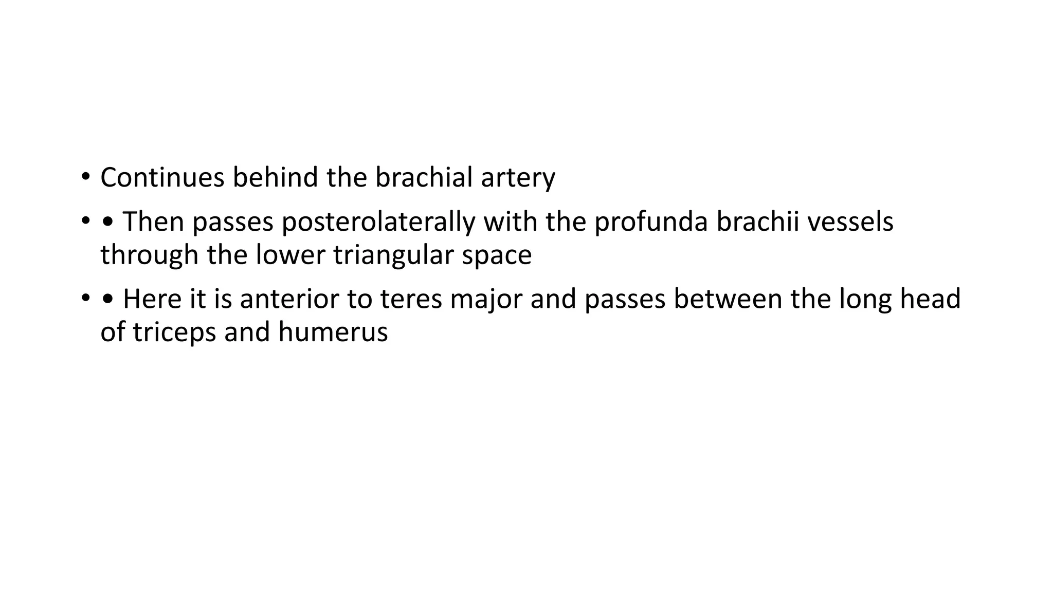 • Continues behind the brachial artery
• • Then passes posterolaterally with the profunda brachii vessels
through the lower triangular space
• • Here it is anterior to teres major and passes between the long head
of triceps and humerus
 