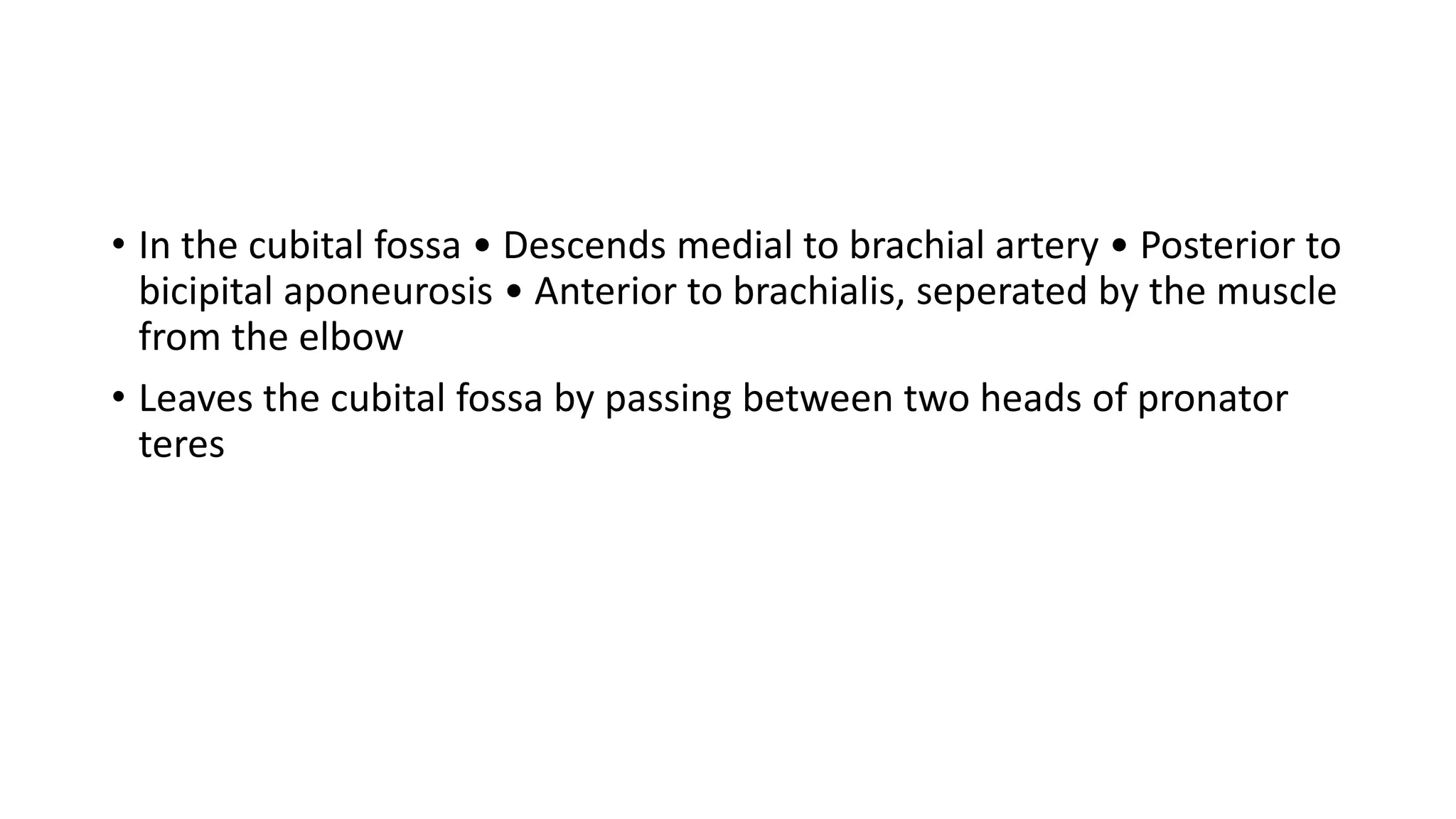 • In the cubital fossa • Descends medial to brachial artery • Posterior to
bicipital aponeurosis • Anterior to brachialis, seperated by the muscle
from the elbow
• Leaves the cubital fossa by passing between two heads of pronator
teres
 