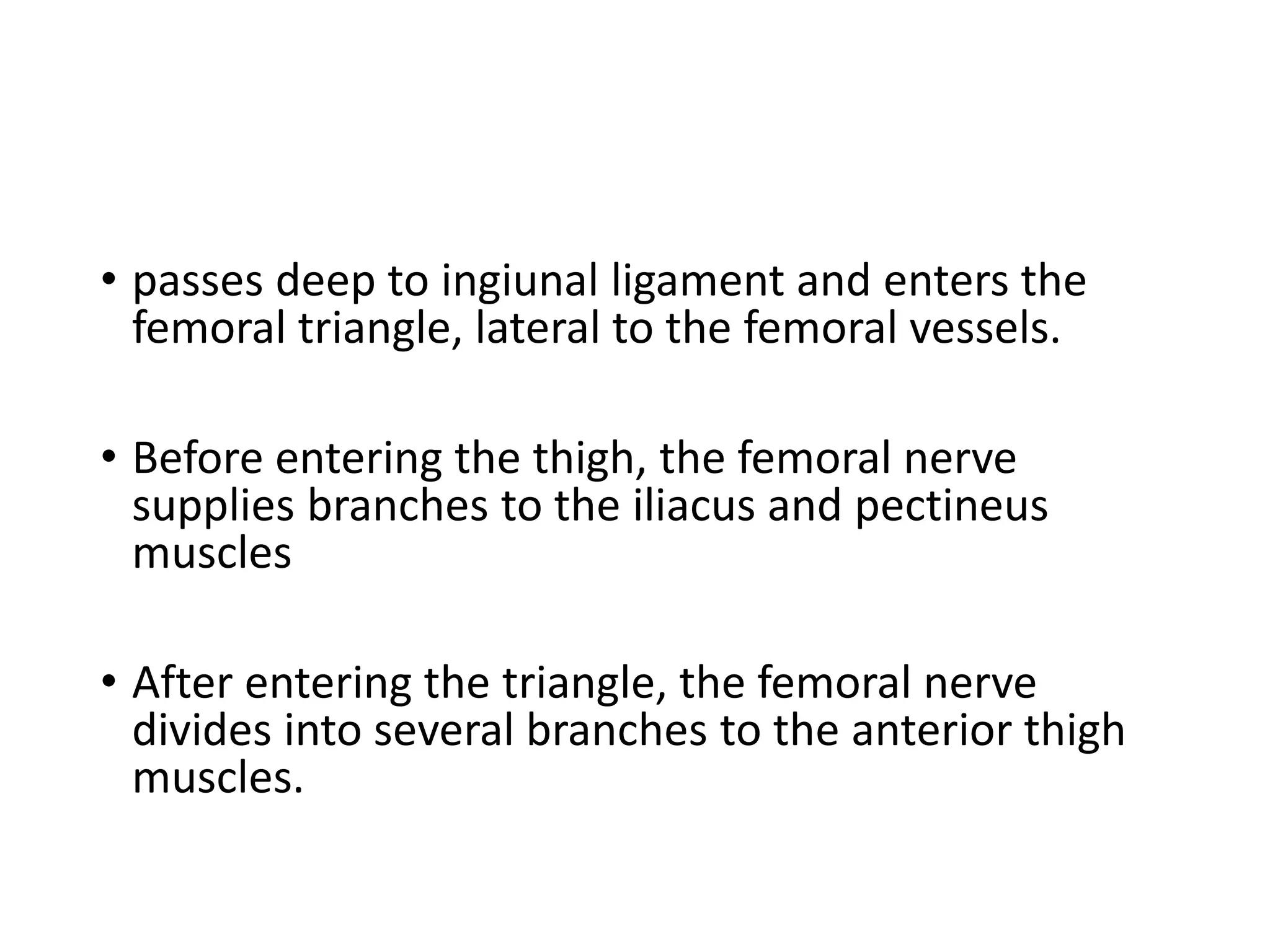 • passes deep to ingiunal ligament and enters the
femoral triangle, lateral to the femoral vessels.
• Before entering the thigh, the femoral nerve
supplies branches to the iliacus and pectineus
muscles
• After entering the triangle, the femoral nerve
divides into several branches to the anterior thigh
muscles.
 
