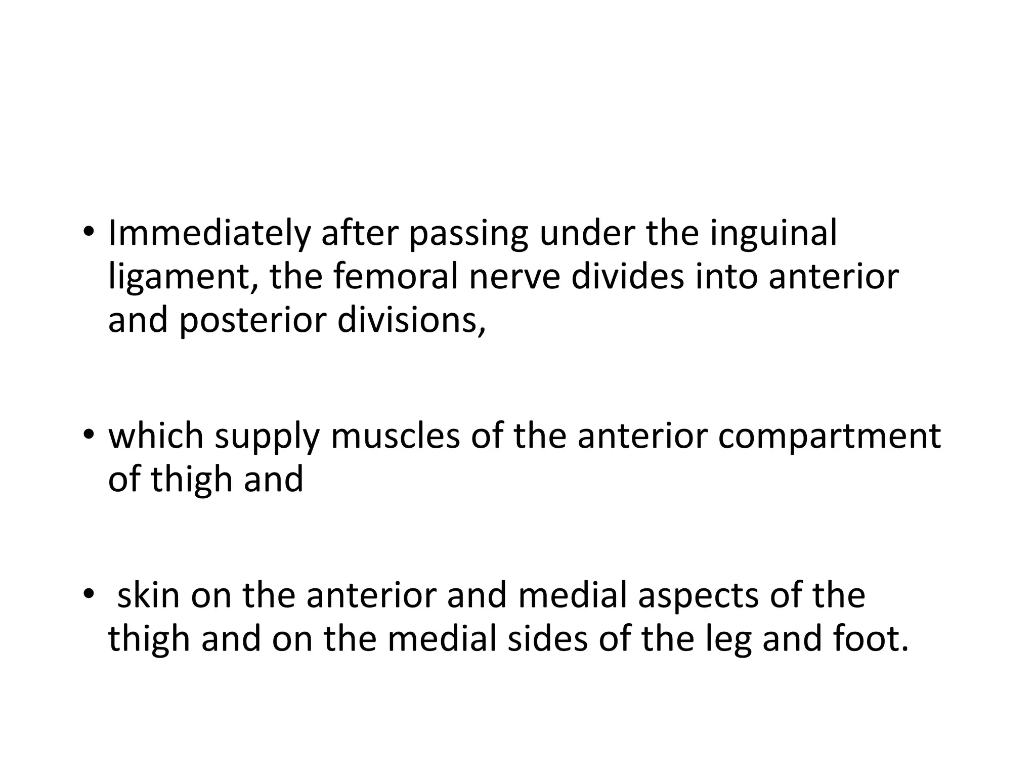• Immediately after passing under the inguinal
ligament, the femoral nerve divides into anterior
and posterior divisions,
• which supply muscles of the anterior compartment
of thigh and
• skin on the anterior and medial aspects of the
thigh and on the medial sides of the leg and foot.
 