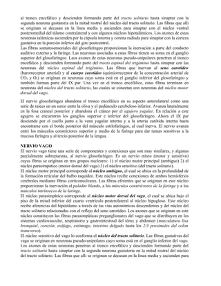 al tronco encefálico y descienden formando parte del tracto solitario hasta sinaptar con la
segunda neurona gustatoria en la mitad rostral del núcleo del tracto solitario. Las fibras que alli
se originan se decusan en la línea media y ascienden para sinaptar con el núcleo ventral
posteromedial del tálamo contralateral y con algunos núcleos hipotalámicos. Los axones de estas
neuronas talámicas ascienden por la cápsula interna y corona radiada para sinaptar con la corteza
gustativa en la porción inferior del giro postcentral.
Las fibras somatosensoriales del glosofaríngeo proporcionan la inervación a parte del conducto
auditivo externo y la faringe. Las neuronas asociadas a estas fibras tienen su soma en el ganglio
superior del glosofaríngeo. Laos axones de estas neuronas pseudo-unipolares penetran al tronco
encefálico y descienden formando parte del tracto espinal del trigémino hasta sinaptar con las
neuronas del núcleo espinal del trigémino. Las fibras que inervan al seno carotídeo
(barorreceptor arterial) y al cuerpo carotídeo (quimiorreceptor de la concentración arterial de
CO2 y O2) se originan en neuronas cuyo soma está en el ganglio inferior del glosofaríngeo y
también forman parte del IX par. Una vez en el tronco encefálico, estas fibras terminan en
neuronas del núcleo del tracto solitario, las cuales se conectan con neuronas del núcleo motor
dorsal del vago.
El nervio glosofaríngeo abandona el tronco encefálico en su aspecto anterolateral como una
serie de raíces en un surco entre la oliva y el pedúnculo cerebeloso inferior. Avanza lateralmente
en la fosa craneal posterior y abandona el cráneo por el agujero yugular. En relación a este
agujero se encuentran los ganglios superior e inferior del glosofaríngeo. Ahora el IX par
desciende por el cuello junto a la vena yugular interna y a la arteria carótida interna hasta
encontrarse con el borde posterior del músculo estilofaríngeo, al cual inerva. El nervio avanza
entre los músculos constrictores superior y medio de la faringe para dar ramas sensitivas a la
mucosa faríngea y al tercio posterior de la lengua.

NERVIO VAGO
El nervio vago tiene una serie de componentes y conexiones que son muy similares, y algunas
parcialmente sobrepuestas, al nervio glosofaríngeo. Es un nervio mixto (motor y sensitivo)
cuyas fibras se originan en tres grupos nucleares: 1) el núcleo motor principal (ambiguo) 2) el
núcleo parasimpático (motor dorsal del vago) 3) el núcleo sensitivo (del tracto solitario).
El núcleo motor principal corresponde al núcleo ambiguo, el cual se ubica en la profundidad de
la formación reticular del bulbo raquídeo. Este núcleo recibe conexiones de ambos hemisferios
cerebrales mediante fibras corticonucleares. Las fibras eferentes que se originan en este núcleo
proporcionan la inervación al paladar blando, a los músculos constrictores de la faringe y a los
músculos intrínsecos de la laringe.
El núcleo parasimpático corresponde al núcleo motor dorsal del vago, el cual se ubica bajo el
piso de la mitad inferior del cuarto ventrículo posterolateral al núcleo hipogloso. Este núcleo
recibe aferencias del hipotálamo a través de las vías autonómicas descendentes y del núcleo del
tracto solitario relacionadas con el reflejo del seno carotídeo. Los axones que se originan en este
núcleo constituyen las fibras parasimpáticas preganglionares del vago que se distribuyen en los
sistemas cardiovascular, respiratorio y gastrointestinal del tórax y abdomen (musculatura lisa
bronquial, corazón, esófago, estómago, intestino delgado hasta los 2/3 proximales del colon
transverso).
El núcleo sensitivo del vago lo conforma el núcleo del tracto solitario. Las fibras gustativas del
vago se originan en neuronas pseudo-unipolares cuyo soma está en el ganglio inferior del vago.
Los axones de estas neuronas penetran al tronco encefálico y descienden formando parte del
tracto solitario hasta sinaptar con la segunda neurona gustatoria en la mitad rostral del núcleo
del tracto solitario. Las fibras que alli se originan se decusan en la línea media y ascienden para
 