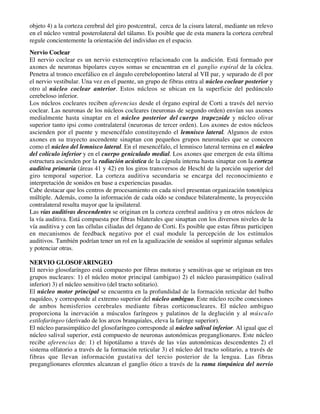 objeto 4) a la corteza cerebral del giro postcentral, cerca de la cisura lateral, mediante un relevo
en el núcleo ventral posterolateral del tálamo. Es posible que de esta manera la corteza cerebral
regule concientemente la orientación del individuo en el espacio.
Nervio Coclear
El nervio coclear es un nervio exteroceptivo relacionado con la audición. Está formado por
axones de neuronas bipolares cuyos somas se encuentran en el ganglio espiral de la cóclea.
Penetra al tronco encefálico en el ángulo cerebelopontino lateral al VII par, y separado de él por
el nervio vestibular. Una vez en el puente, un grupo de fibras entra al núcleo coclear posterior y
otro al núcleo coclear anterior. Estos núcleos se ubican en la superficie del pedúnculo
cerebeloso inferior.
Los núcleos cocleares reciben aferencias desde el órgano espiral de Corti a través del nervio
coclear. Las neuronas de los núcleos cocleares (neuronas de segundo orden) envían sus axones
medialmente hasta sinaptar en el núcleo posterior del cuerpo trapezoide y núcleo olivar
superior tanto ipsi como contralateral (neuronas de tercer orden). Los axones de estos núcleos
ascienden por el puente y mesencéfalo constituyendo el lemnisco lateral. Algunos de estos
axones en su trayecto ascendente sinaptan con pequeños grupos neuronales que se conocen
como el núcleo del lemnisco lateral. En el mesencéfalo, el lemnisco lateral termina en el núcleo
del colículo inferior y en el cuerpo geniculado medial. Los axones que emergen de esta última
estructura ascienden por la radiación acústica de la cápsula interna hasta sinaptar con la corteza
auditiva primaria (áreas 41 y 42) en los giros transversos de Heschl de la porción superior del
giro temporal superior. La corteza auditiva secundaria se encarga del reconocimiento e
interpretación de sonidos en base a experiencias pasadas.
Cabe destacar que los centros de procesamiento en cada nivel presentan organización tonotópica
múltiple. Además, como la información de cada oído se conduce bilateralmente, la proyección
contralateral resulta mayor que la ipsilateral.
Las vías auditivas descendentes se originan en la corteza cerebral auditiva y en otros núcleos de
la vía auditiva. Está compuesta por fibras bilaterales que sinaptan con los diversos niveles de la
vía auditiva y con las células ciliadas del órgano de Corti. Es posible que estas fibras participen
en mecanismos de feedback negativo por el cual module la percepción de los estímulos
auditivos. También podrían tener un rol en la agudización de sonidos al suprimir algunas señales
y potenciar otras.

NERVIO GLOSOFARINGEO
El nervio glosofaríngeo está compuesto por fibras motoras y sensitivas que se originan en tres
grupos nucleares: 1) el núcleo motor principal (ambiguo) 2) el núcleo parasimpático (salival
inferior) 3) el núcleo sensitivo (del tracto solitario).
El núcleo motor principal se encuentra en la profundidad de la formación reticular del bulbo
raquídeo, y corresponde al extremo superior del núcleo ambiguo. Este núcleo recibe conexiones
de ambos hemisferios cerebrales mediante fibras corticonucleares. El núcleo ambiguo
proporciona la inervación a músculos faríngeos y palatinos de la deglución y al músculo
estilofaríngeo (derivado de los arcos branquiales, eleva la faringe superior).
El núcleo parasimpático del glosofaríngeo corresponde al núcleo salival inferior. Al igual que el
núcleo salival superior, está compuesto de neuronas autonómicas preganglionares. Este núcleo
recibe aferencias de: 1) el hipotálamo a través de las vías autonómicas descendentes 2) el
sistema olfatorio a través de la formación reticular 3) el núcleo del tracto solitario, a través de
fibras que llevan información gustativa del tercio posterior de la lengua. Las fibras
preganglionares eferentes alcanzan el ganglio ótico a través de la rama timpánica del nervio
 