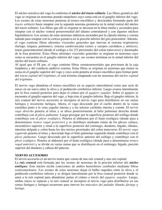 El núcleo sensitivo del vago lo conforma el núcleo del tracto solitario. Las fibras gustativas del
vago se originan en neuronas pseudo-unipolares cuyo soma está en el ganglio inferior del vago.
Los axones de estas neuronas penetran al tronco encefálico y descienden formando parte del
tracto solitario hasta sinaptar con la segunda neurona gustatoria en la mitad rostral del núcleo
del tracto solitario. Las fibras que alli se originan se decusan en la línea media y ascienden para
sinaptar con el núcleo ventral posteromedial del tálamo contralateral y con algunos núcleos
hipotalámicos. Los axones de estas neuronas talámicas ascienden por la cápsula interna y corona
radiada para sinaptar con la corteza gustativa en la porción inferior del giro postcentral. Además,
el vago contiene fibras aferentes viscerales generales que inervan al sistema respiratorio
(laringe, tráquea, pulmones), sistema cardiovascular (senos y cuerpos carotídeos y aórticos),
tracto gastrointestinal (desde el esófago a los 2/3 proximales del colon transverso) y duramadre
de la fosa posterior. Estas fibras aferentes viscerales generales se originan en neuronas cuyo
soma se encuentra en el ganglio inferior del vago; sus axones terminan en la mitad inferior del
núcleo del tracto solitario.
Al igual que el IX par, el vago contiene fibras somatosensoriales que provienen de la caja
timpánica y del conducto auditivo externo. Estas fibras se originan en neuronas que tienen su
soma en el ganglio superior del vago y cuyo axón penetra al tronco encefálico para formar parte
del tracto espinal del trigémino, el cual termina sinaptando con las neuronas del núcleo espinal
del trigémino.
El nervio vago abandona el tronco encefálico en su aspecto anterolateral como una serie de
raíces en un surco entre la oliva y el pedúnculo cerebeloso inferior. Luego avanza lateralmente
por la fosa craneal posterior para dejar el cráneo por el agujero yugular. Sobre el agujero se
encuentra el ganglio superior del vago, y bajo éste el ganglio inferior. Bajo el ganglio inferior, la
raíz craneal del nervio accesorio se incorpora al nervio vago para distribuirse en sus ramas
faríngea y recurrente laríngea. Ahora, el vago desciende por el cuello dentro de la vaina
carotídea junto a la vena yugular interna y a las arterias carótidas interna y común. El nervio
vago derecho penetra al tórax y se ubica posteriormente al hilio pulmonar derecho donde
contribuye con el plexo pulmonar. Luego prosigue por la superficie posterior del esófago donde
contribuye con el plexo esofágico. Penetra al abdomen por el hiato esofágico (donde pasa a
denominarse tronco vagal posterior) y se distribuye mediante ramas de los plexos celíaco,
mesentérico superior y renal a la superficie posterior del estómago, duodeno, hígado, riñones,
intestino delgado y colon hasta los dos tercios proximales del colon transverso. El nervio vago
izquierdo penetra al tórax y desciende bajo el hilio pulmonar izquierdo donde contribuye con el
plexo pulmonar. Luego desciende por la superficie anterior del esófago y contribuye con el
plexo esofágico. Penetra al abdomen por el hiato esofágico (donde pasa a denominarse tronco
vagal anterior) y se divide en varias ramas que se distribuyen en el estómago, hígado, porción
superior del duodeno y cabeza del páncras.

NERVIO ACCESORIO
El nervio accesorio es un nervio motor que consta de una raíz craneal y una raíz espinal.
La raíz craneal está formada por los axones de neuronas de la porción inferior del núcleo
ambiguo. Este núcleo recibe conexiones de ambos hemisferios cerebrales mediante fibras
corticonucleares. Los axones de estas neuronas dejan el bulbo raquídeo entre la oliva y el
pedúnculo cerebeloso inferior y se dirigen lateralmente por la fosa craneal posterior donde se
unen a la raíz espinal para abandonar juntas el cráneo a través del agujero yugular. Luego,
ambas raíces se separan y la raíz craneal se incorpora al nervio vago para distribuirse en sus
ramas faríngea y laríngea recurrente para inervar los músculos del paladar blando, faringe y
laringe.
 