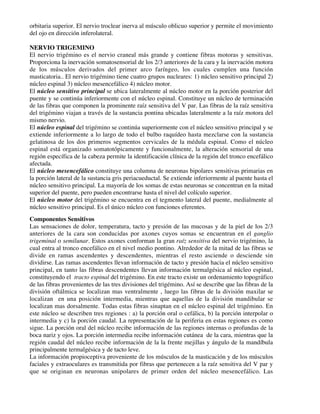 orbitaria superior. El nervio troclear inerva al músculo oblicuo superior y permite el movimiento
del ojo en dirección inferolateral.

NERVIO TRIGEMINO
El nervio trigémino es el nervio craneal más grande y contiene fibras motoras y sensitivas.
Proporciona la inervación somatosensorial de los 2/3 anteriores de la cara y la inervación motora
de los músculos derivados del primer arco faríngeo, los cuales cumplen una función
masticatoria.. El nervio trigémino tiene cuatro grupos nucleares: 1) núcleo sensitivo principal 2)
núcleo espinal 3) núcleo mesencefálico 4) núcleo motor.
El núcleo sensitivo principal se ubica lateralmente al núcleo motor en la porción posterior del
puente y se continúa inferiormente con el núcleo espinal. Constituye un núcleo de terminación
de las fibras que componen la prominente raíz sensitiva del V par. Las fibras de la raíz sensitiva
del trigémino viajan a través de la sustancia pontina ubicadas lateralmente a la raíz motora del
mismo nervio.
El núcleo espinal del trigémino se continúa superiormente con el núcleo sensitivo principal y se
extiende inferiormente a lo largo de todo el bulbo raquídeo hasta mezclarse con la sustancia
gelatinosa de los dos primeros segmentos cervicales de la médula espinal. Como el núcleo
espinal está organizado somatotópicamente y funcionalmente, la alteración sensorial de una
región específica de la cabeza permite la identificación clínica de la región del tronco encefálico
afectada.
El núcleo mesencefálico constituye una columna de neuronas bipolares sensitivas primarias en
la porción lateral de la sustancia gris periacueductal. Se extiende inferiormente al puente hasta el
núcleo sensitivo principal. La mayoría de los somas de estas neuronas se concentran en la mitad
superior del puente, pero pueden encontrarse hasta el nivel del colículo superior.
El núcleo motor del trigémino se encuentra en el tegmento lateral del puente, medialmente al
núcleo sensitivo principal. Es el único núcleo con funciones eferentes.
Componentes Sensitivos
Las sensaciones de dolor, temperatura, tacto y presión de las mucosas y de la piel de los 2/3
anteriores de la cara son conducidas por axones cuyos somas se encuentran en el ganglio
trigeminal o semilunar. Estos axones conforman la gran raíz sensitiva del nervio trigémino, la
cual entra al tronco encefálico en el nivel medio pontino. Alrededor de la mitad de las fibras se
divide en ramas ascendentes y descendentes, mientras el resto asciende o desciende sin
dividirse. Las ramas ascendentes llevan información de tacto y presión hacia el núcleo sensitivo
principal, en tanto las fibras descendentes llevan información termalgésica al núcleo espinal,
constituyendo el tracto espinal del trigémino. En este tracto existe un ordenamiento topográfico
de las fibras provenientes de las tres divisiones del trigémino. Así se describe que las fibras de la
división oftálmica se localizan mas ventralmente , luego las fibras de la división maxilar se
localizan en una posición intermedia, mientras que aquellas de la división mandibular se
localizan mas dorsalmente. Todas estas fibras sinaptan en el núcleo espinal del trigémino. En
este núcleo se describen tres regiones : a) la porción oral o cefálica, b) la porción interpolar o
intermedia y c) la porción caudal. La representación de la periferia en estas regiones es como
sigue. La porción oral del núcleo recibe información de las regiones internas o profundas de la
boca nariz y ojos. La porción intermedia recibe información cutánea de la cara, mientras que la
región caudal del núcleo recibe información de la la frente mejillas y ángulo de la mandíbula
principalmente termalgésica y de tacto leve.
La información propioceptiva proveniente de los músculos de la masticación y de los músculos
faciales y extraoculares es transmitida por fibras que pertenecen a la raíz sensitiva del V par y
que se originan en neuronas unipolares de primer orden del núcleo mesencefálico. Las
 