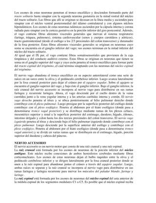 Los axones de estas neuronas penetran al tronco encefálico y descienden formando parte del
tracto solitario hasta sinaptar con la segunda neurona gustatoria en la mitad rostral del núcleo
del tracto solitario. Las fibras que alli se originan se decusan en la línea media y ascienden para
sinaptar con el núcleo ventral posteromedial del tálamo contralateral y con algunos núcleos
hipotalámicos. Los axones de estas neuronas talámicas ascienden por la cápsula interna y corona
radiada para sinaptar con la corteza gustativa en la porción inferior del giro postcentral. Además,
el vago contiene fibras aferentes viscerales generales que inervan al sistema respiratorio
(laringe, tráquea, pulmones), sistema cardiovascular (senos y cuerpos carotídeos y aórticos),
tracto gastrointestinal (desde el esófago a los 2/3 proximales del colon transverso) y duramadre
de la fosa posterior. Estas fibras aferentes viscerales generales se originan en neuronas cuyo
soma se encuentra en el ganglio inferior del vago; sus axones terminan en la mitad inferior del
núcleo del tracto solitario.
Al igual que el IX par, el vago contiene fibras somatosensoriales que provienen de la caja
timpánica y del conducto auditivo externo. Estas fibras se originan en neuronas que tienen su
soma en el ganglio superior del vago y cuyo axón penetra al tronco encefálico para formar parte
del tracto espinal del trigémino, el cual termina sinaptando con las neuronas del núcleo espinal
del trigémino.
El nervio vago abandona el tronco encefálico en su aspecto anterolateral como una serie de
raíces en un surco entre la oliva y el pedúnculo cerebeloso inferior. Luego avanza lateralmente
por la fosa craneal posterior para dejar el cráneo por el agujero yugular. Sobre el agujero se
encuentra el ganglio superior del vago, y bajo éste el ganglio inferior. Bajo el ganglio inferior, la
raíz craneal del nervio accesorio se incorpora al nervio vago para distribuirse en sus ramas
faríngea y recurrente laríngea. Ahora, el vago desciende por el cuello dentro de la vaina
carotídea junto a la vena yugular interna y a las arterias carótidas interna y común. El nervio
vago derecho penetra al tórax y se ubica posteriormente al hilio pulmonar derecho donde
contribuye con el plexo pulmonar. Luego prosigue por la superficie posterior del esófago donde
contribuye con el plexo esofágico. Penetra al abdomen por el hiato esofágico (donde pasa a
denominarse tronco vagal posterior) y se distribuye mediante ramas de los plexos celíaco,
mesentérico superior y renal a la superficie posterior del estómago, duodeno, hígado, riñones,
intestino delgado y colon hasta los dos tercios proximales del colon transverso. El nervio vago
izquierdo penetra al tórax y desciende bajo el hilio pulmonar izquierdo donde contribuye con el
plexo pulmonar. Luego desciende por la superficie anterior del esófago y contribuye con el
plexo esofágico. Penetra al abdomen por el hiato esofágico (donde pasa a denominarse tronco
vagal anterior) y se divide en varias ramas que se distribuyen en el estómago, hígado, porción
superior del duodeno y cabeza del páncras.
NERVIO ACCESORIO
El nervio accesorio es un nervio motor que consta de una raíz craneal y una raíz espinal.
La raíz craneal está formada por los axones de neuronas de la porción inferior del núcleo
ambiguo. Este núcleo recibe conexiones de ambos hemisferios cerebrales mediante fibras
corticonucleares. Los axones de estas neuronas dejan el bulbo raquídeo entre la oliva y el
pedúnculo cerebeloso inferior y se dirigen lateralmente por la fosa craneal posterior donde se
unen a la raíz espinal para abandonar juntas el cráneo a través del agujero yugular. Luego,
ambas raíces se separan y la raíz craneal se incorpora al nervio vago para distribuirse en sus
ramas faríngea y laríngea recurrente para inervar los músculos del paladar blando, faringe y
laringe.
La raíz espinal está formada por los axones de neuronas del núcleo espinal del asta anterior de
la médula espinal de los segmentos medulares C1 a C5. Es posible que el núcleo espinal reciba
 