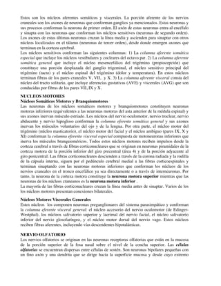 Estos son los núcleos aferentes somáticos y viscerales. La porción aferente de los nervios
craneales son los axones de neuronas que conforman ganglios ya mencionados. Estas neuronas y
sus procesos conforman la neurona de primer orden. El axón de estas neuronas entra al encéfalo
y sinapta con las neuronas que conforman los núcleos sensitivos (neuronas de segundo orden).
Los axones de estas últimas neuronas cruzan la línea media y ascienden para sinaptar con otros
núcleos localizados en el tálamo (neuronas de tercer orden), desde donde emergen axones que
terminan en la corteza cerebral.
Los núcleos sensitivos conforman las siguientes columnas: 1) La columna aferente somática
especial que incluye los núcleos vestibulares y cocleares del octavo par. 2) La columna aferente
somática general que incluye el núcleo mesencefálico del trigémino (propiocepción) que
constituye una porción desplazada del ganglio trigeminal, el núcleo sensitivo principal del
trigémino (tacto) y el núcleo espinal del trigémino (dolor y temperatura). En estos núcleos
terminan fibras de los pares craneales V, VII, y X. 3) La columna aferente visceral consta del
núcleo del tracto solitario, que incluye aferencias gustativas (AVE) y viscerales (AVG) que son
conducidas por fibras de los pares VII, IX y X.
NUCLEOS MOTORES
Núcleos Somáticos Motores y Branquiomotores
Las neuronas de los núcleos somáticos motores y branquiomotores constituyen neuronas
motoras inferiores (equivalentes a las neuronas motoras del asta anterior de la médula espinal) y
sus axones inervan músculo estriado. Los núcleos del nervio oculomotor, nervio troclear, nervio
abducente y nervio hipogloso conforman la columna eferente somática general y sus axones
inervan los músculos voluntarios del ojo y de la lengua. Por otra parte, el núcleo motor del
trigémino (núcleo masticatorio), el núcleo motor del facial y el núcleo ambiguo (pares IX, X y
XI) conforman la columna eferente visceral especial compuesta de motoneuronas inferiores que
inerva los músculos branquioméricos. Todos estos núcleos motores reciben impulsos desde la
corteza cerebral a través de fibras corticonucleares que se originan en neuronas piramidales de la
corteza motora de la porción inferior del giro precentral (área 4) y de la porción adyacente al
giro postcentral. Las fibras corticonucleares descienden a través de la corona radiada y la rodilla
de la cápsula interna, siguen por el pedúnculo cerebral medial a las fibras corticoespinales y
terminan sinaptando con las neuronas motoras inferiores que conforman los núcleos de los
nervios craneales en el tronco encefálico ya sea directamente o a través de interneuronas. Por
tanto, la neurona de la corteza motora constituye la neurona motora superior mientras que las
neuronas de los núcleos craneanos es la neurona motora inferior .
La mayoría de las fibras corticonucleares cruzan la línea media antes de sinaptar. Varios de los
los núcleos motores presentan conexiones bilaterales.
Núcleos Motores Viscerales Generales
Estos núcleos los componen neuronas preganglionares del sistema parasimpático y conforman
la columna eferente visceral general: el núcleo accesorio del nervio oculomotor (de Edinger-
Westphal), los núcleos salivatorio superior y lacrimal del nervio facial, el núcleo salivatorio
inferior del nervio glosofaríngeo, y el núcleo motor dorsal del nervio vago. Estos núcleos
reciben fibras aferentes, incluyendo vías descendentes hipotalámicas.
NERVIO OLFATORIO
Los nervios olfatorios se originan en las neuronas receptoras olfatorias que están en la mucosa
de la porción superior de la fosa nasal sobre el nivel de la concha superior. Las células
olfatorias se encuentran dispersas entre células de sostén. Son neuronas bipolares pequeñas con
un fino axón y una dendrita que se dirige hacia la superficie mucosa y desde cuyo extremo
 