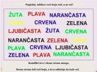 Komflikt leve i desne strane mozga.
Desna strana želi reći boju, a leva odlučuje da kaže reč.
Pogledaj tablicu i reci boju reči, a ne reč!
 