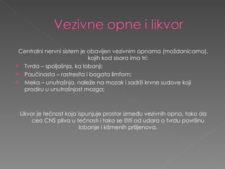 Centralni nervni sistem je obavijen vezivnim opnama (moždanicama), kojih kod sisara ima tri: Tvrda – spoljašnja, ka lobanji; Paučinasta – rastresita i bogata limfom; Meka – unutrašnja, naleže na mozak i sadrži krvne sudove koji prodiru u unutrašnjost mozga; Likvor je tečnost koja ispunjuje prostor između vezivnih opna, tako da ceo CNS pliva u tečnosti i tako se štiti od udara o tvrdu površinu lobanje i kišmenih pršljenova. 