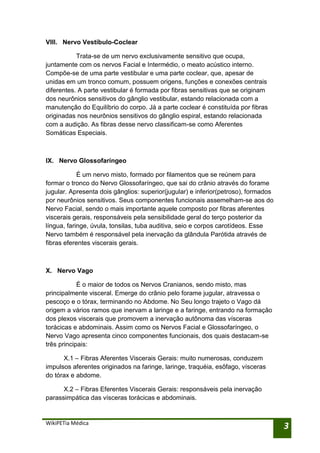 VIII. Nervo Vestíbulo-Coclear

           Trata-se de um nervo exclusivamente sensitivo que ocupa,
juntamente com os nervos Facial e Intermédio, o meato acústico interno.
Compõe-se de uma parte vestibular e uma parte coclear, que, apesar de
unidas em um tronco comum, possuem origens, funções e conexões centrais
diferentes. A parte vestibular é formada por fibras sensitivas que se originam
dos neurônios sensitivos do gânglio vestibular, estando relacionada com a
manutenção do Equilíbrio do corpo. Já a parte coclear é constituída por fibras
originadas nos neurônios sensitivos do gânglio espiral, estando relacionada
com a audição. As fibras desse nervo classificam-se como Aferentes
Somáticas Especiais.



IX. Nervo Glossofaríngeo

            É um nervo misto, formado por filamentos que se reúnem para
formar o tronco do Nervo Glossofaríngeo, que sai do crânio através do forame
jugular. Apresenta dois gânglios: superior(jugular) e inferior(petroso), formados
por neurônios sensitivos. Seus componentes funcionais assemelham-se aos do
Nervo Facial, sendo o mais importante aquele composto por fibras aferentes
viscerais gerais, responsáveis pela sensibilidade geral do terço posterior da
língua, faringe, úvula, tonsilas, tuba auditiva, seio e corpos carotídeos. Esse
Nervo também é responsável pela inervação da glândula Parótida através de
fibras eferentes viscerais gerais.



X. Nervo Vago

            É o maior de todos os Nervos Cranianos, sendo misto, mas
principalmente visceral. Emerge do crânio pelo forame jugular, atravessa o
pescoço e o tórax, terminando no Abdome. No Seu longo trajeto o Vago dá
origem a vários ramos que inervam a laringe e a faringe, entrando na formação
dos plexos viscerais que promovem a inervação autônoma das vísceras
torácicas e abdominais. Assim como os Nervos Facial e Glossofaríngeo, o
Nervo Vago apresenta cinco componentes funcionais, dos quais destacam-se
três principais:

      X.1 – Fibras Aferentes Viscerais Gerais: muito numerosas, conduzem
impulsos aferentes originados na faringe, laringe, traquéia, esôfago, vísceras
do tórax e abdome.

      X.2 – Fibras Eferentes Viscerais Gerais: responsáveis pela inervação
parassimpática das vísceras torácicas e abdominais.


WikiPETia Médica
                                                                                    3
 