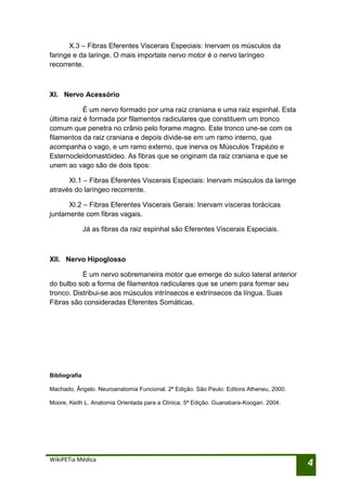 X.3 – Fibras Eferentes Viscerais Especiais: Inervam os músculos da
faringe e da laringe. O mais importate nervo motor é o nervo laríngeo
recorrente.



XI. Nervo Acessório

            É um nervo formado por uma raiz craniana e uma raiz espinhal. Esta
última raiz é formada por filamentos radiculares que constituem um tronco
comum que penetra no crânio pelo forame magno. Este tronco une-se com os
filamentos da raiz craniana e depois divide-se em um ramo interno, que
acompanha o vago, e um ramo externo, que inerva os Músculos Trapézio e
Esternocleidomastóideo. As fibras que se originam da raiz craniana e que se
unem ao vago são de dois tipos:

      XI.1 – Fibras Eferentes Viscerais Especiais: Inervam músculos da laringe
através do laríngeo recorrente.

      XI.2 – Fibras Eferentes Viscerais Gerais: Inervam vísceras torácicas
juntamente com fibras vagais.

               Já as fibras da raiz espinhal são Eferentes Viscerais Especiais.



XII. Nervo Hipoglosso

           É um nervo sobremaneira motor que emerge do sulco lateral anterior
do bulbo sob a forma de filamentos radiculares que se unem para formar seu
tronco. Distribui-se aos músculos intrínsecos e extrínsecos da língua. Suas
Fibras são consideradas Eferentes Somáticas.




Bibliografia

Machado, Ângelo. Neuroanatomia Funcional. 2ª Edição. São Paulo: Editora Atheneu, 2000.

Moore, Keith L. Anatomia Orientada para a Clínica. 5ª Edição. Guanabara-Koogan. 2004.




WikiPETia Médica
                                                                                         4
 