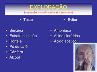 EXPLORAÇÃO
(aspiração => cada narina em separado)
• Teste
• Benzina
• Extrato de limão
• Hortelã
• Pó de café
• Cânfora
• Álcool
• Evitar
• Amoníaco
• Ácido clorídrico
• Ácido acético
 