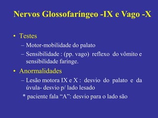 • Testes
– Motor-mobilidade do palato
– Sensibilidade : (pp. vago) reflexo do vômito e
sensibilidade faringe.
• Anormalidades
– Lesão motora IX e X : desvio do palato e da
úvula- desvio p/ lado lesado
* paciente fala “A”: desvio para o lado são
Nervos Glossofaríngeo -IX e Vago -X
 