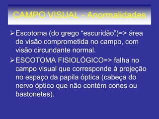 CAMPO VISUAL - Anormalidades
Escotoma (do grego “escuridão”)=> área
de visão comprometida no campo, com
visão circundante normal.
ESCOTOMA FISIOLÓGICO=> falha no
campo visual que corresponde à projeção
no espaço da papila óptica (cabeça do
nervo óptico que não contém cones ou
bastonetes).
 