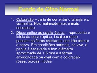 Fundo de Olho Normal
1. Coloração – varia de cor entre o laranja e o
vermelho. Nos melanodermos é mais
escurecido.
2. Disco óptico ou papila óptica – representa o
inicio do nervo óptico, local por onde
passam as fibras retinianas que irão formar
o nervo. Em condições normais, no vivo, a
papila é escavada e tem diâmetro
aproximado de 1,5 mm e a forma
arredondada ou oval com a coloração
rósea, bordas nítidas.
 