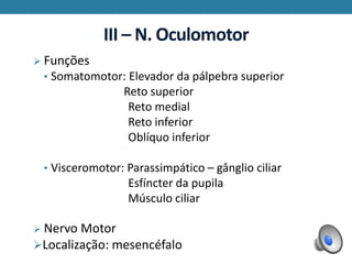 III – N. Oculomotor
 Funções
• Somatomotor: Elevador da pálpebra superior
Reto superior
Reto medial
Reto inferior
Oblíquo inferior
• Visceromotor: Parassimpático – gânglio ciliar
Esfíncter da pupila
Músculo ciliar
 Nervo Motor
Localização: mesencéfalo
 