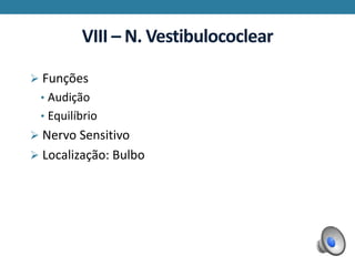 VIII – N. Vestibulococlear
 Funções
• Audição
• Equilíbrio
 Nervo Sensitivo
 Localização: Bulbo
 