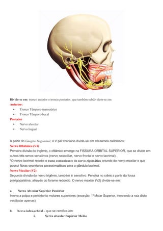 Divide-se em: tronco anterior e tronco posterior, que também subdividem-se em:
Anterior:
 Tronco Têmporo-massetérico
 Tronco Têmporo-bucal
Posterior
 Nervo alveolar
 Nervo lingual
A partir do Gânglio Trigeminal, o V par craniano divide-se em trêsramos calibrosos:
Nervo Oftálmico (V1)
Primeira divisão do trigêmio, o oftálmico emerge na FISSURA ORBITAL SUPERIOR, que se divide em
outros trêsramos sensitivos (nervo nasociliar, nervo frontal e nervo lacrimal).
*O nervo lacrimal recebe o ramo comunicante do nervo zigomático oriundo do nervo maxilar e que
possui fibras secretoras parassimpáticas para a glândula lacrimal.
Nervo Maxilar (V2)
Segunda divisão do nervo trigêmio, também é sensitivo. Penetra no crânio a partir da fossa
pterigopalatina, através do forame redondo. O nervo maxilar (V2) divide-se em:
a. Nervo Alveolar Superior Posterior
Inerva a polpa e periodonto molares superiores (exceção: 1º Molar Superior, inervando a raiz disto
vestibular apenas)
b. Nervo infra-orbital – que se ramifica em:
i. Nervo alveolar Superior Médio
 