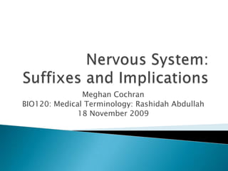 Nervous System: Suffixes and Implications Meghan Cochran BIO120: Medical Terminology: Rashidah Abdullah 18 November 2009 