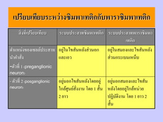 เปรียบเทียบระหว่ างซิมพาเทติกกับพาราซิมพาเทติก
     สิ่ งที่เปรียบเทียบ ระบบประสาทซิมพาเทติก ระบบประสาทพาราซิมพา
                                                        เทติก
                           ่                      ่
ตาแหน่งของเซลล์ประสาท อยูในไขสันหลังส่ วนอก อยูในสมองและไขสันหลัง
นาคาสั่ง                 และเอว               ส่ วนกระเบนเหน็บ
-ตัวที่ 1 (preganglionic
neuron)
- ตัวที่ 2 (posganglionic   อยูนอกไขสันหลังโดยอยู่ อยูนอกสมองและไขสัน
                               ่                          ่
neuron)                           ู ่                           ่
                            ใกล้ศนย์สังงาน โดย 1 สั้น หลังโดยอยูใกล้หน่วย
                            2 ยาว                     ปฏิบติงาน โดย 1 ยาว 2
                                                            ั
                                                      สั้น
 