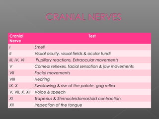 Cranial                                        Test
Nerve
I                Smell
II               Visual acuity, visual fields & ocular fundi
III, IV, VI      Pupillary reactions, Extraocular movements
V                Corneal reflexes, facial sensation & jaw movements
VII              Facial movements
VIII             Hearing
IX, X            Swallowing & rise of the palate, gag reflex
V, VII, X, XII   Voice & speech
XI               Trapezius & Sternocleidomastoid contraction
XII              Inspection of the tongue
 