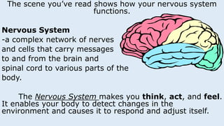 The scene you’ve read shows how your nervous system
functions.
Nervous System
-a complex network of nerves
and cells that carry messages
to and from the brain and
spinal cord to various parts of the
body.
The Nervous System makes you think, act, and feel.
It enables your body to detect changes in the
environment and causes it to respond and adjust itself.
 